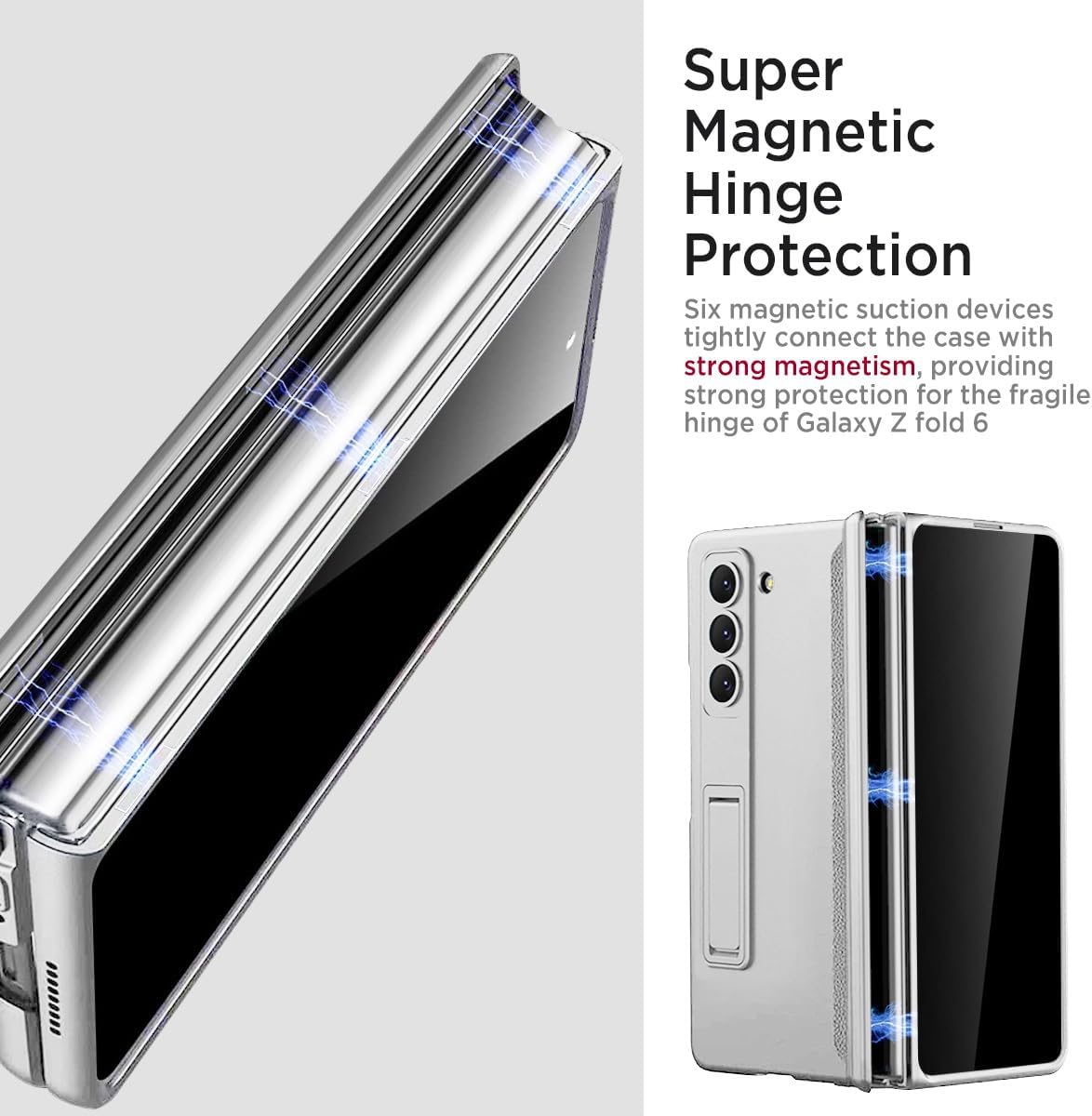 Miimall for Z Fold 6 Case with Privacy Screen Protector, [Military Grade Drop Protection] Built-in Adjustable Kickstand & Magnetic Hinge Protection Shockproof Phone Case for Galaxy Z Fold 6 5G Silver