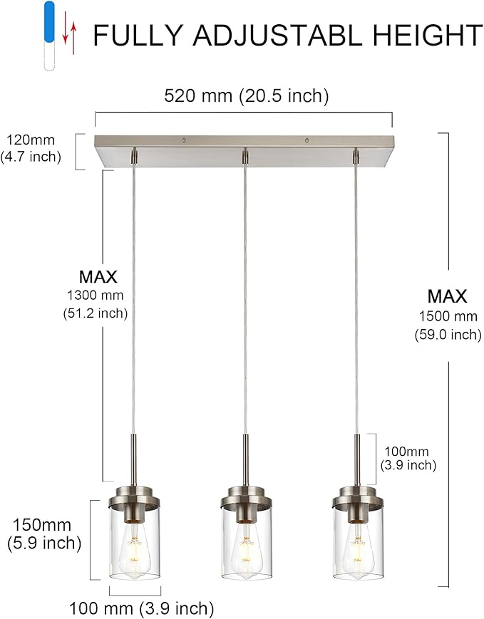 MELUCEE Kitchen Pendant Lighting Over Island 3 Lights Linear Chandelier Brushed Nickel Finish Dining Room Light Fixtures Ceiling Hanging Lamp with Clear Glass Shade, 20.5 Inches Length