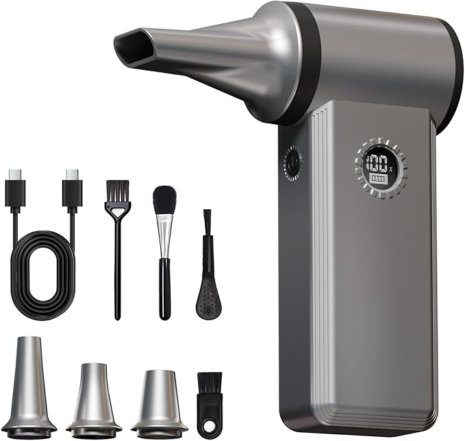 Cordless Electric Air Duster - 180K RPM Brushless Motor, 45W SuperFast Charge, 29.6Wh Rechargeable Battery, 4-Speed Adjustable Dust Blower for PC Cleaning, Electronics, Car & Woodworking, Silvergray