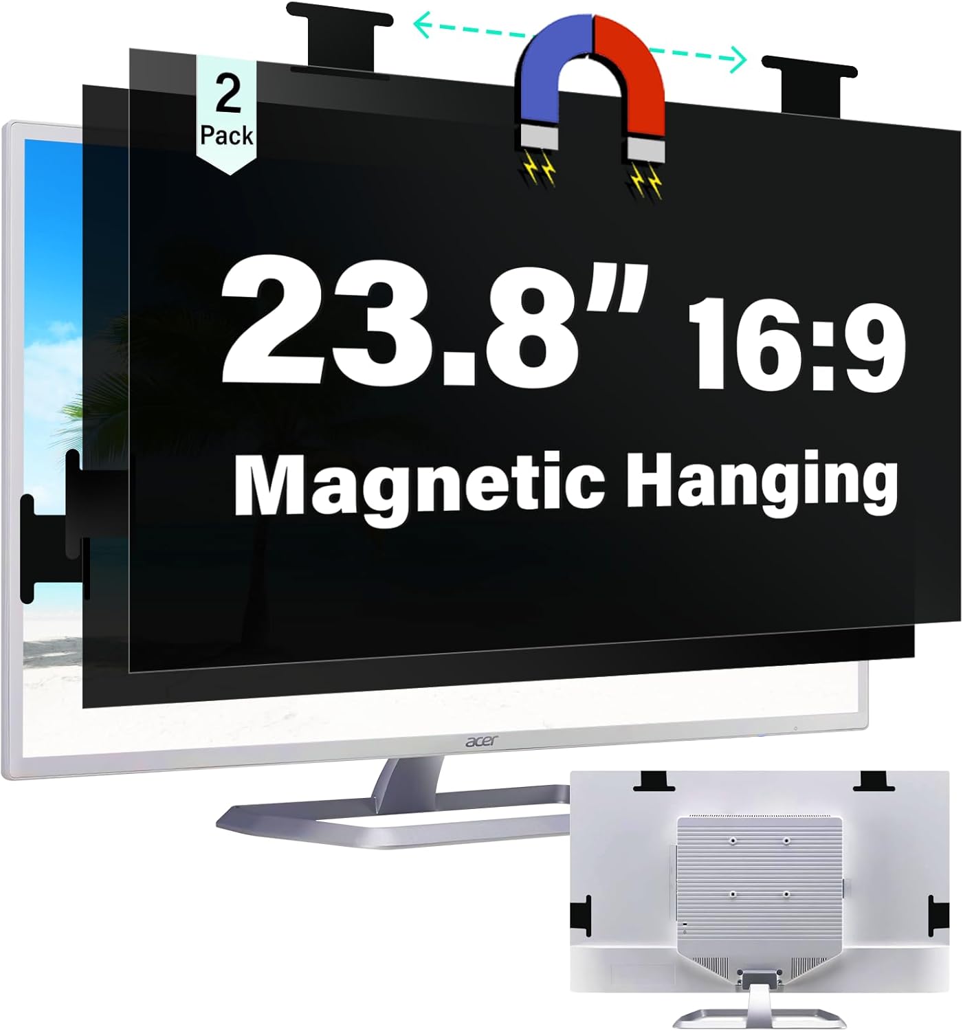 [2 Pack] Magnetic 23.8 Inch Computer Privacy Screen for 16:9 Aspect Ratio Widescreen Monitor, Hanging Eye Protection Anti Glare Blue Light Computer Monitor Privacy Filter, Removable 23.8 in Protector Film