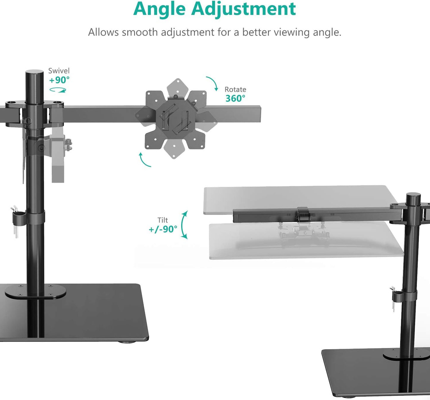 WALI Free Standing Dual Monitor Stand, Height Adjustable Monitor Mount with Glass Base, Fits LCD LED Flat Curved Screen up to 27 inch, 22lbs, with Grommet Base (GMF002)