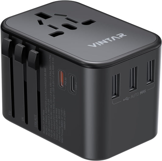Universal Travel Adapter, VINTAR 35.5W International Power Adapter with 3 USB A QC and 2 USB C PD, All in One Plug Adapter Worldwide Travel Essentials for EU/UK/USA/AUS(Type C/G/A/I), Black