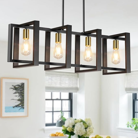 4-Light Dining Room Light Fixture, 53’’ Farmhouse Wood Chandelier Kitchen Island Lighting Over Table, Modern Black Gold Rectangular Hanging Pendant Light Fixture for Living Room, E26 Sockets