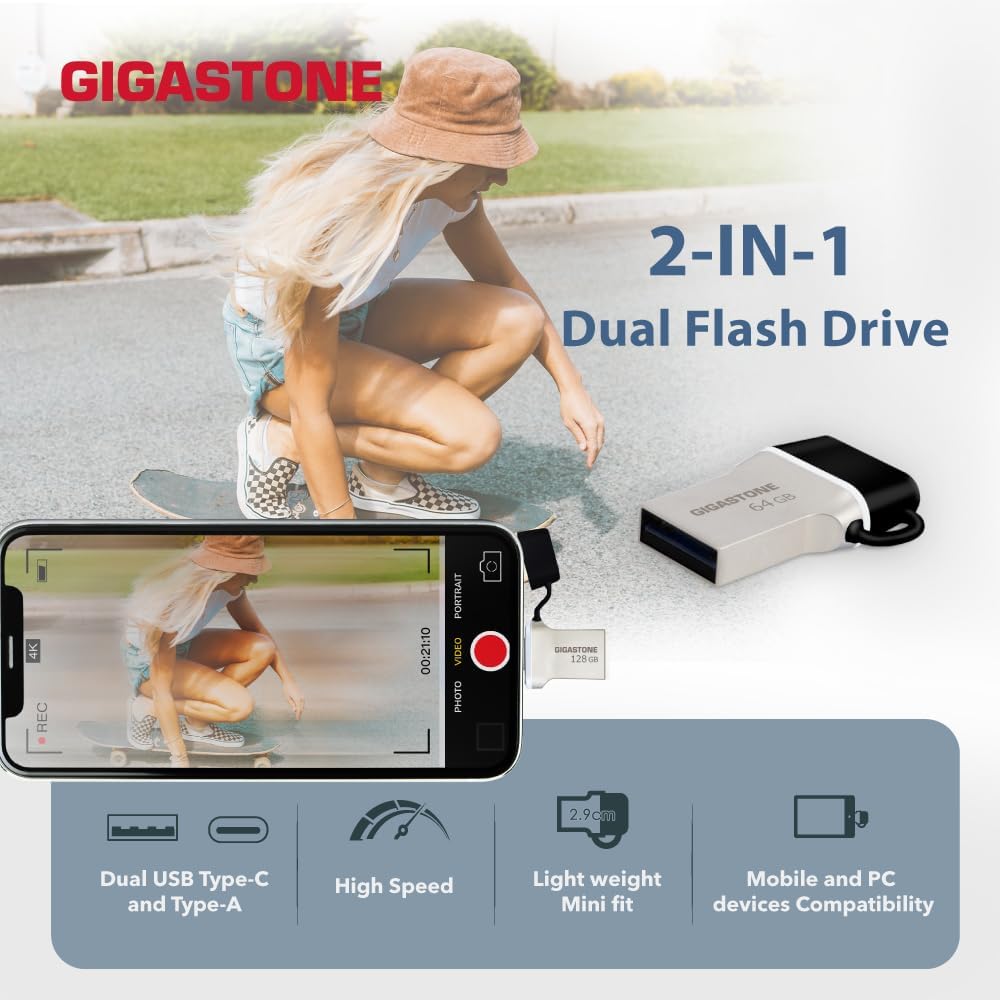 GIGASTONE 64GB Nano Luxus Dual Drive (5 Pack) Z50 USB 3.2 Gen 1, 2-in-1 USB-A & Type-C, 100MB/s Ultra Fast, Cap Design, Metal, Plug & Play for Smartphone/PC/Mac/TV/Car, 2.0/3.0/3.1 Compatible