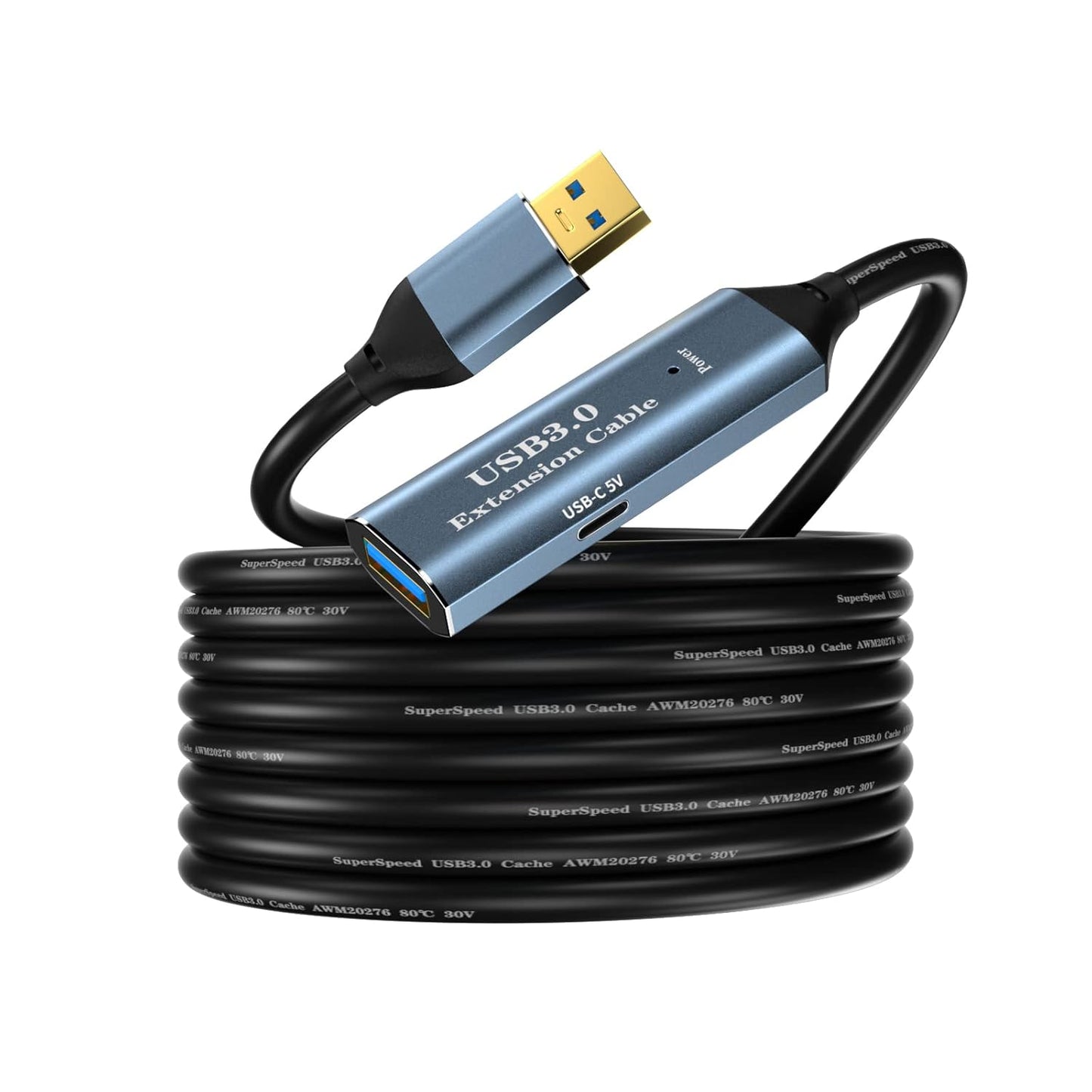 USB 3.0 Extension Cable 16.4FT Type A Male to Female Active Extender Cord with 1 Extension Chipsets Signal Booster and 1 USB-C Charging Port, for Webcam, PlayStation, Printer, Camera