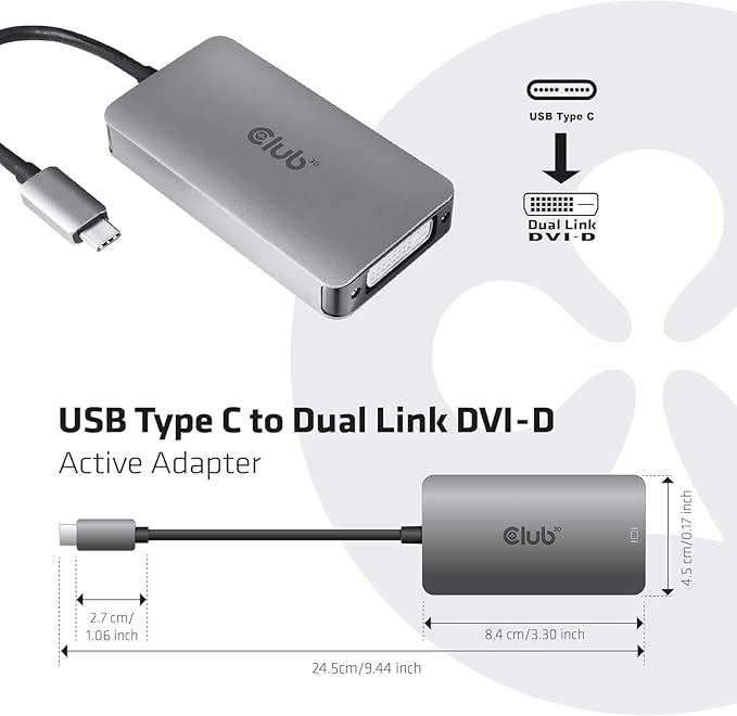 Club 3D CAC-1510 USB Type C to Dual Link DVI-D Cable Adapter Support 3840x2160@30hz, 2560x1600@60Hz HDCP Support M/F