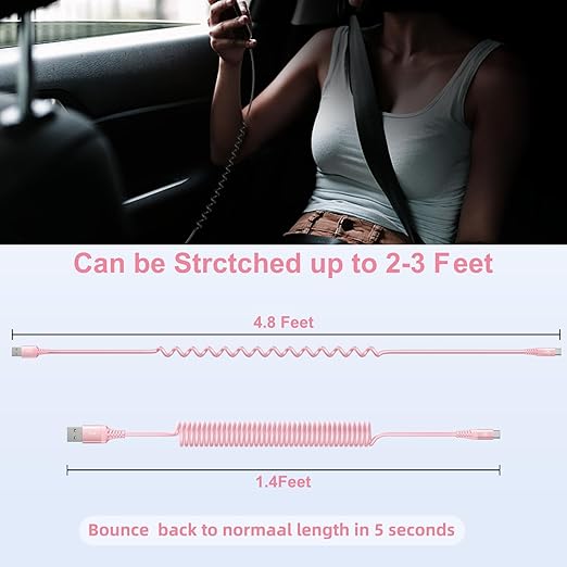 USB C Cable Fast Charging Cable [3FT+6FT], Coiled USBA to USBC Cable for Car, USB C Cord iPhone USB-C Cable Compatible with iPhone 17 16 15 Pro Max,Samsung Galaxy S10 S9 and More-Pink