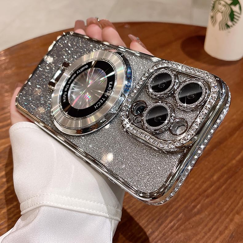 Magnetic Kickstand (Glitter Lens Protector ) Case for iPhone 16 15 14 13 Pro Max (Compatible with Magsafe ) Sparkling Diamond Cover Glitter Shiny Rhinestone Cases (Silver,for iPhone 16 Plus)