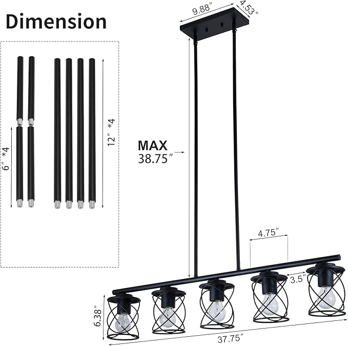 Kitchen Island Light, 5-Light Dining Room Lighting Fixtures Hanging, Farmhouse Linear Pendant Light for Kitchen Island Table Living Room with Adjustable Rods, Black Metal