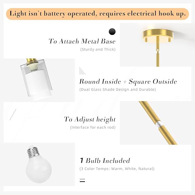 Pendant Light Kitchen Island Lighting, Height Adjuatable Rod Clear Dual Glass - with 3 Color Temperatures Bulb & Remote Control, Farmhouse Hanging Lighting Fixture for Dining Room Bedroom, 1 Pack