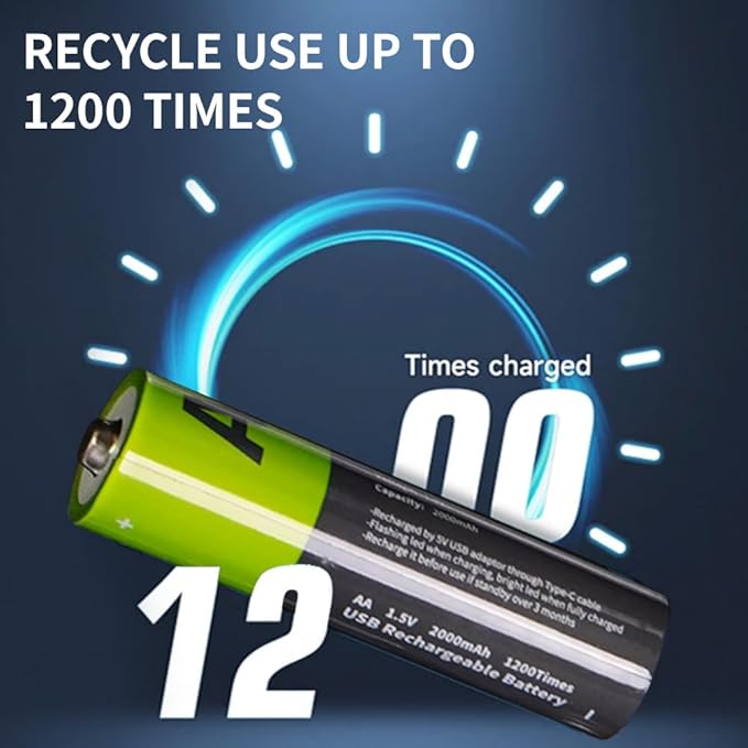 2000mAh USB-C Rechargeable AA Batteries, 1200 Cycles Life, Fast Charging with Type-C Cable, for Gaming Controllers, Mouse, Keyboard & Home Electronics, Black Green (16)