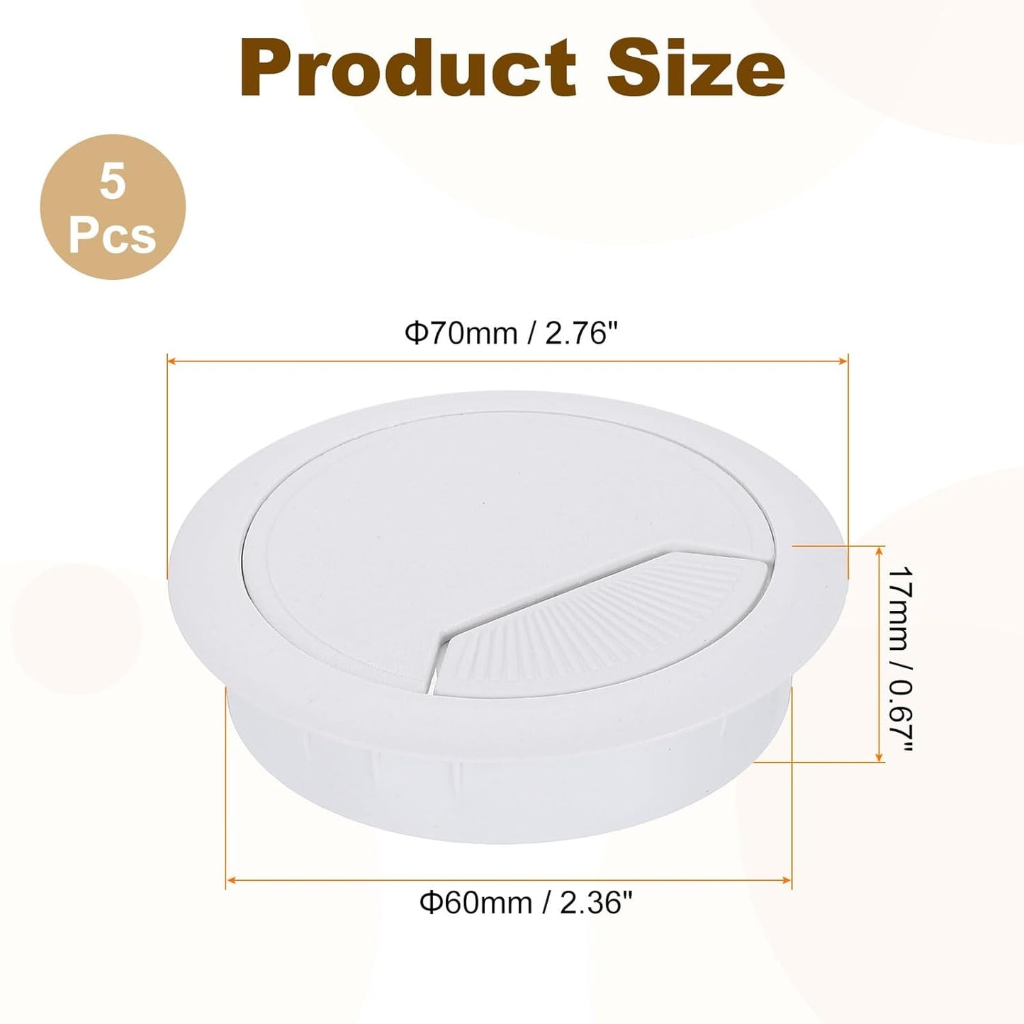 uxcell 5 Pcs 60mm (2.36 Inch) Desk Grommet, Plastic Cable Hole Cover, Wire Cord Cable Organizer for Home Office Computer Desk Cabinet, White