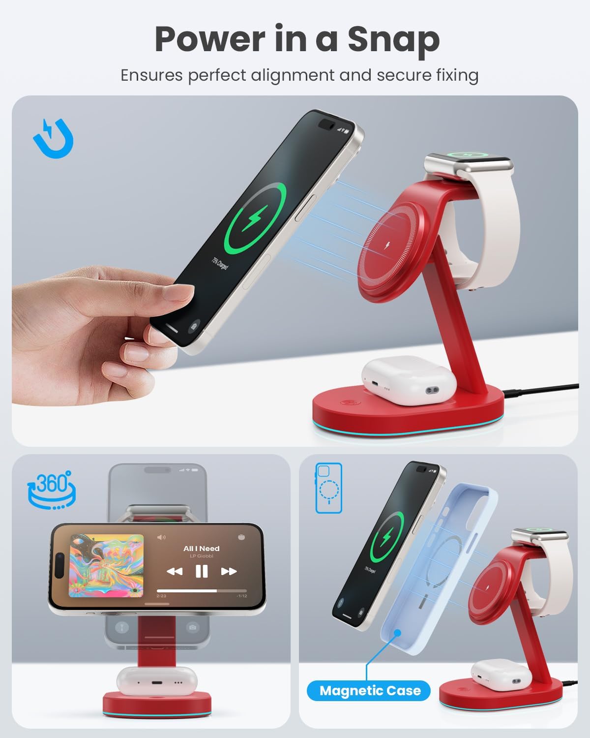 3 in 1 Wireless Charger Charging Station for iPhone,Qi2 Certified 15W Magnetic Charging Stand for Mag-Safe with 30W USB C Adapter&Friendly Night Light for iPhone 16/15/14/13/12,Apple Watch,AirPods