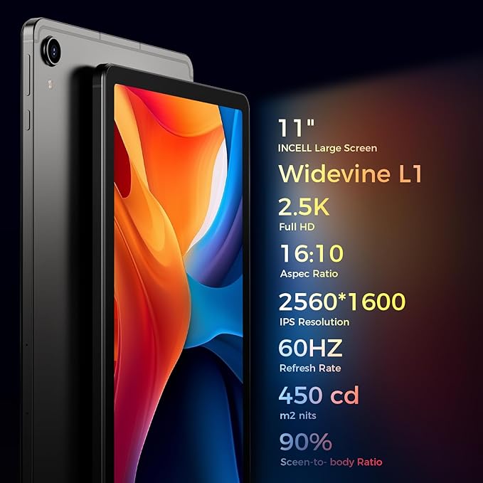 11inch Tablet, Android 15 Tablet 2560 * 1600IPS 2.5K Widevine L1, G100(MT8781) Octa-core Processor, 24GB RAM,128GB ROM, Wi-Fi 6& Bluetooth 5.2, 8200mAh Battery