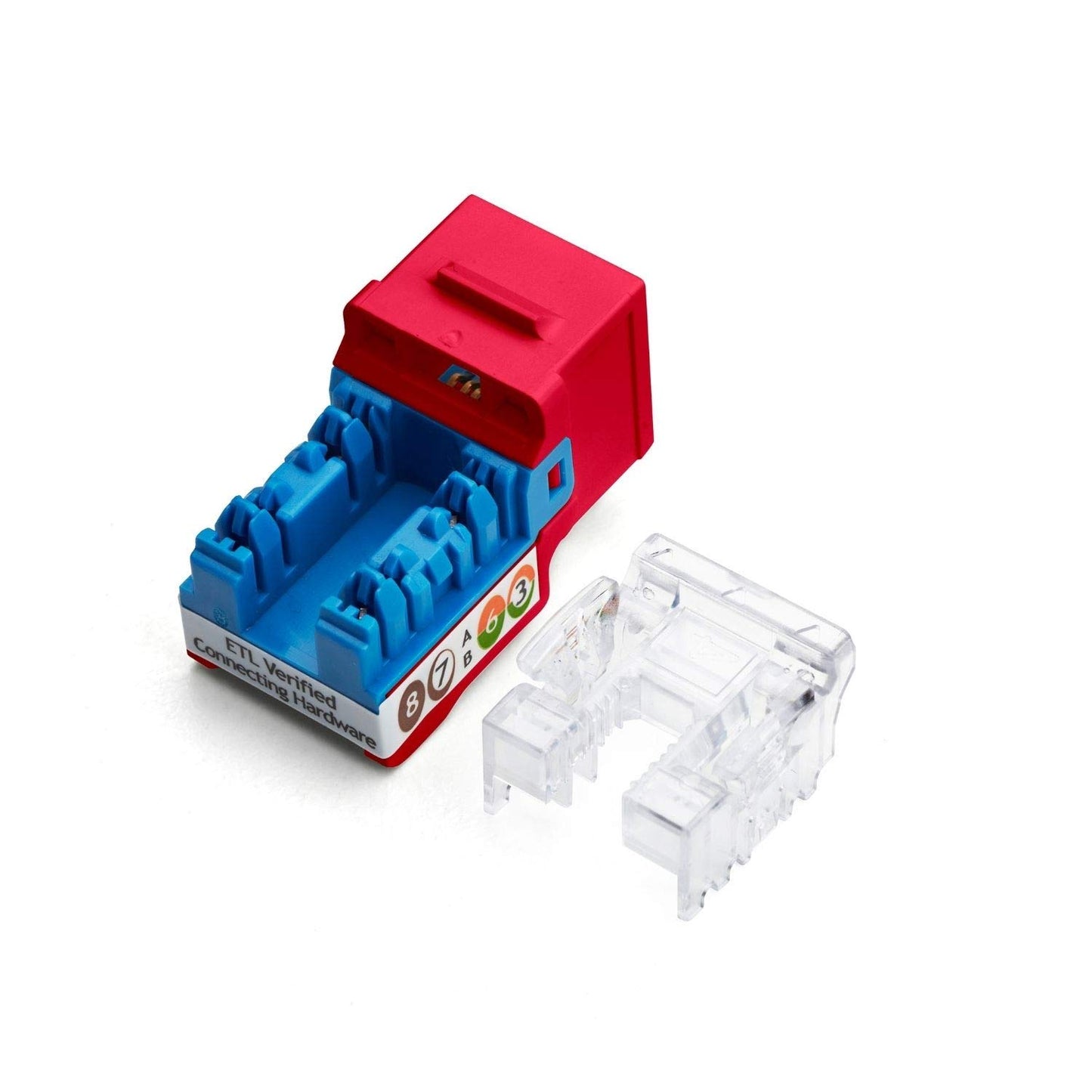 trueCABLE Cat5e Keystone Jack, Unshielded (UTP), 90 Degree Punch-Down, PoE++ (4PPoE) 100W, UL Listed, ETL Verified, ANSI/TIA Certified, Modular RJ45 Female, Red, 24 Pack