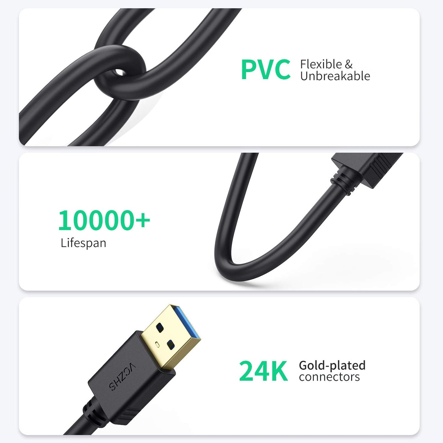 VCZHS Tech USB Extension Cable 20ft - High Speed USB 3.0 Extender Male to Female Cord, Durable & Flexible for Mouse, Keyboard, Printer, Flash Drive, Webcam, and More
