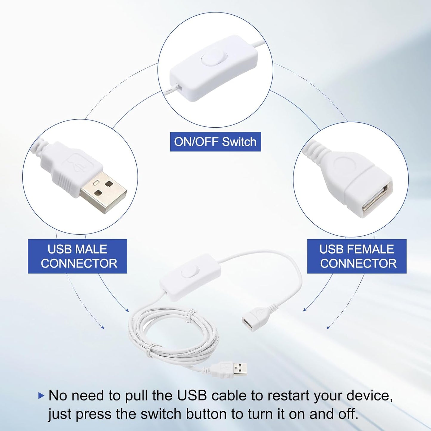 MECCANIXITY USB Extension Cable with ON/Off Toggle Switch 2m USB Male to Female Extension Cord for Desk Lamp Fan LED Light Strip White Pack of 1