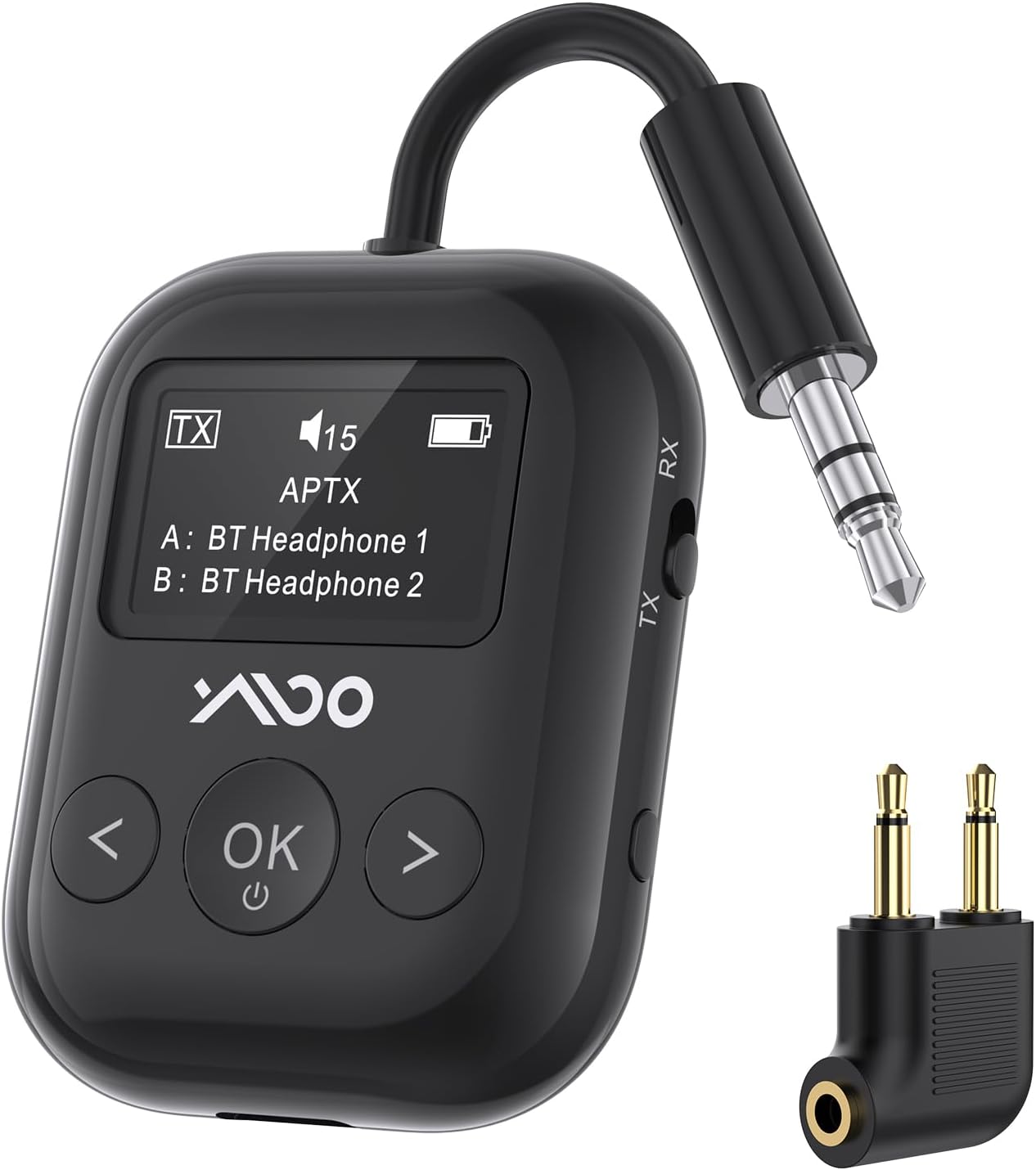 YMOO Bluetooth 5.4 Transmitter Receiver for Airplane, Wireless Bluetooth Adapter Travel Essentials, Supports to 2 Headphones, 25H Playtime, 2-in-1 Adapter with LED Display for TVs Gym Car Home