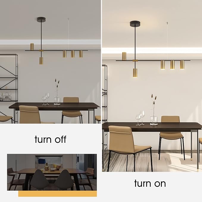 Siittoo Pendant Light Fixtures, Dimmable Modern LED Chandelier Lighting with Spotlights, Adjustable Linear Hanging Pendant Light for Kitchen Island Dining Room Living Room (Black,Gold 30W)