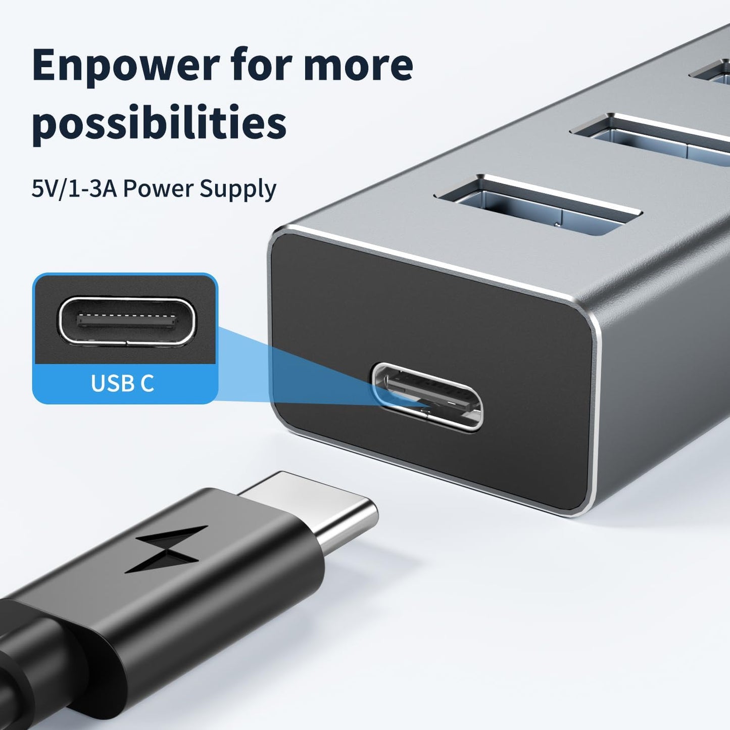 atolla Aluminum 7-Port USB 3.0 Hub with 1m Extension Cable - 5Gbps High-Speed Data Transfer for MacBook Pro, Laptop, PC, Gaming Setup-Gray