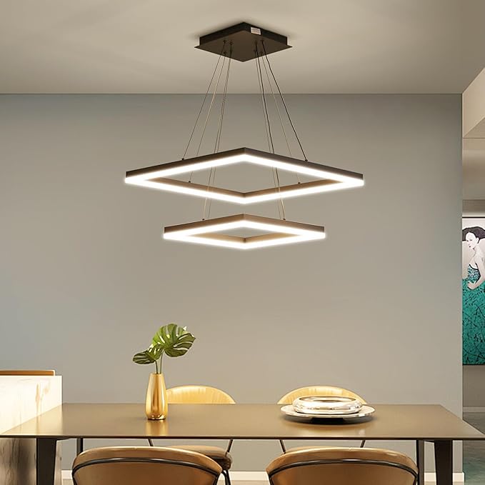 LED Pendant Light Fixture for Dining Room, 3000K-6500K Dimmable Modern Chandelier, Adjustable Height, 2 Layer Square Minimalist Ceiling Hanging Lamps for Kitchen Island, Living Room, Foyer