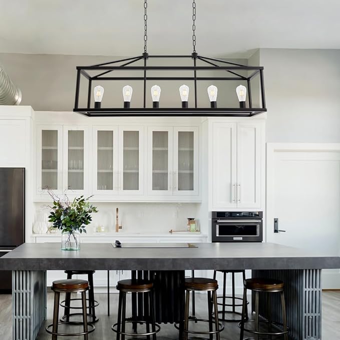 BONLICHT Modern Rectangle Chandelier 6 Light Black Industrial Vintage Kitchen Island Lighting Fixture Hanging Pendant Lamp Farmhouse Metal Cage Ceiling Light Fixtures for Living Room Dining Room Foyer