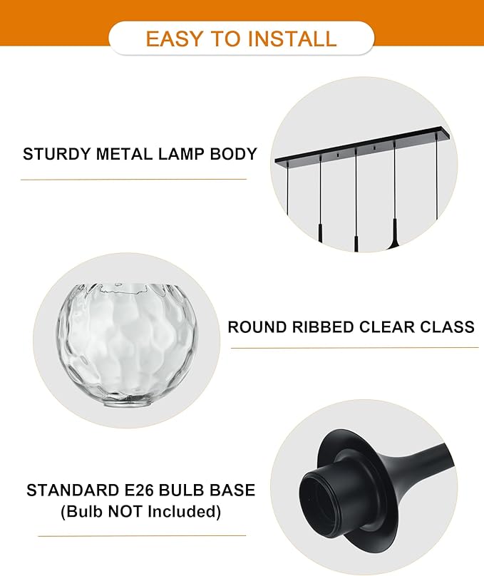 VINLUZ 5-Light Hanging Pendant Kitchen Island Light in Classic Black Finish with Ribbed Glass Shades, Modern Chandelier for Dining Room & Hallway
