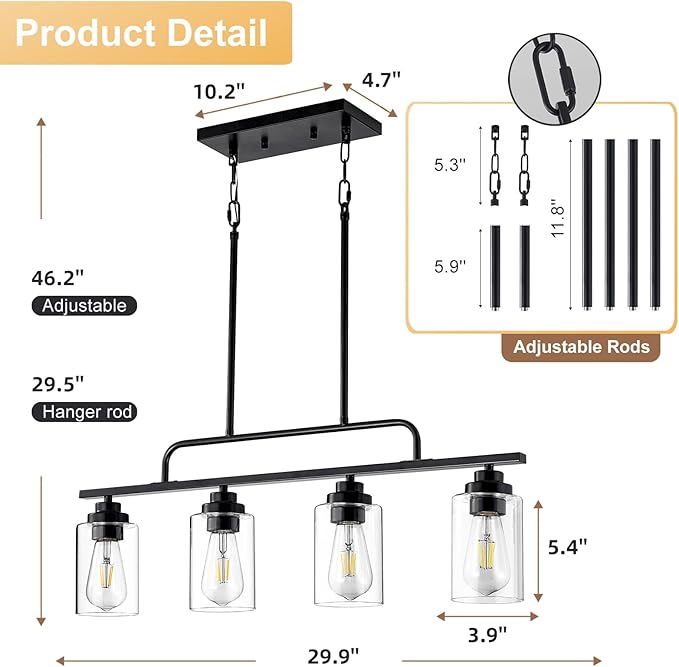Dining Room Light Fixture - Black 4-Light Farmhouse Chandelier Kitchen Island Lights Fixtures Modern Linear Chandeliers Hanging Pendant Lighting Over Table for Dining Room
