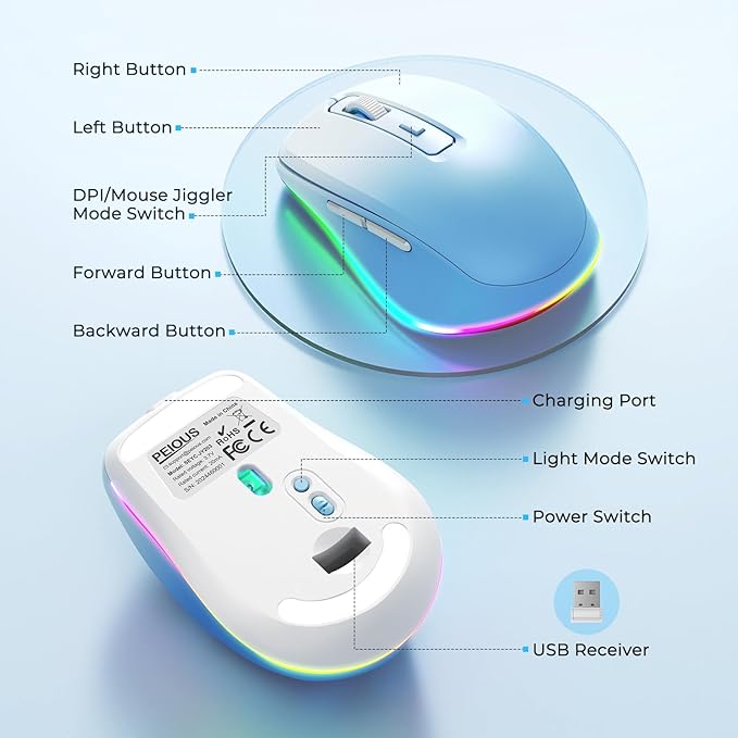 PEIOUS Wireless Mouse Jiggler - LED Wireless Mice with Build-in Mouse Mover, Rechargeable Moving Mouse for Laptop with Undetectable Random Movement Keeps Computers Awake - Blue to White