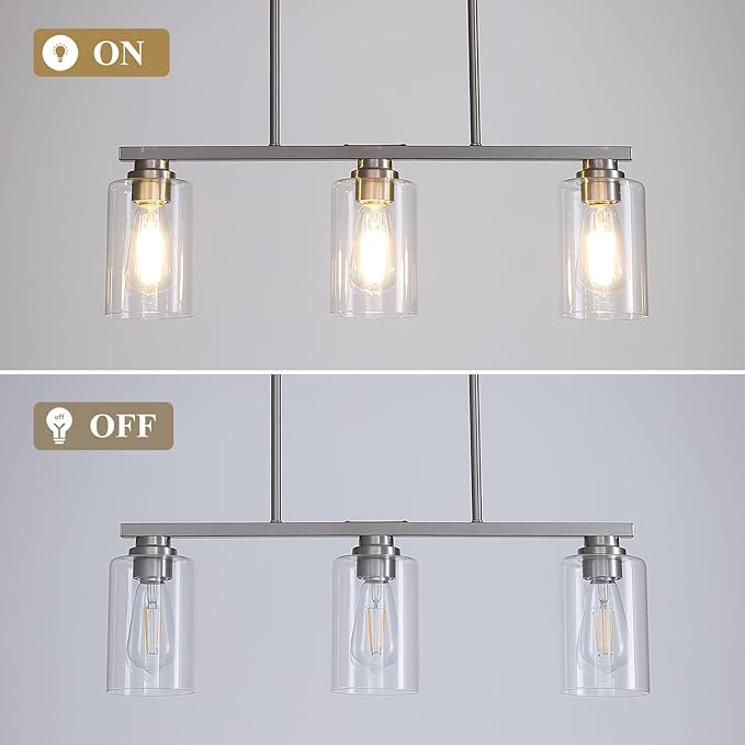Island Light for Kitchen, Brushed Nickel Dining Room Light Fixture Over Table, 3-Light Linear Chandelier Pendant Lighting for Dining Table Kitchen Island Living Room