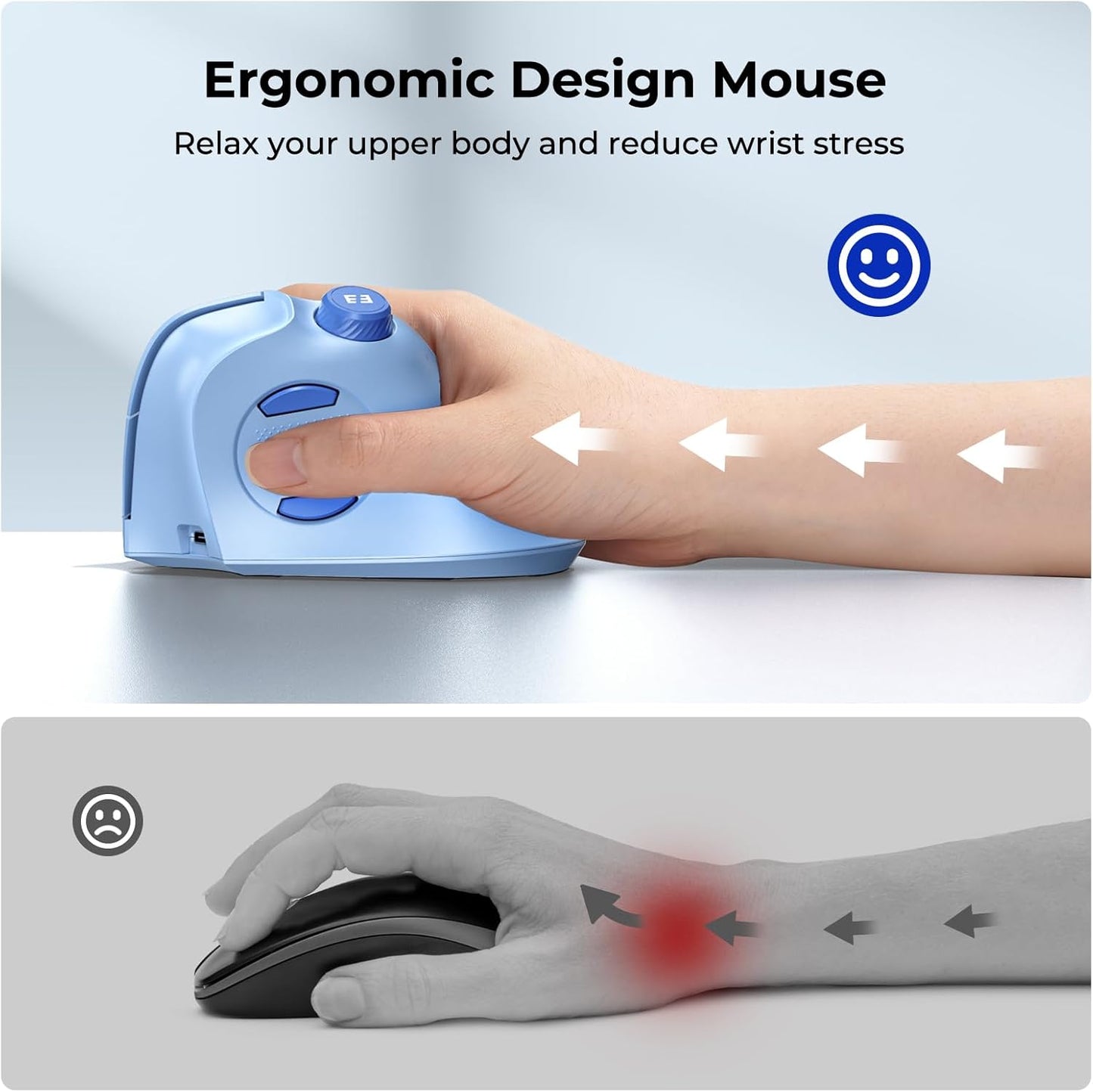seenda Ergonomic Mouse Rechargeable, USB+Dual Bluetooth, MOU-302 Vertical Wireless Mouse with Volume Knob, Quiet Clicks, Multi-Device Cordless Mice Compatible for Windows, PC, Laptop, Mac OS, Blue