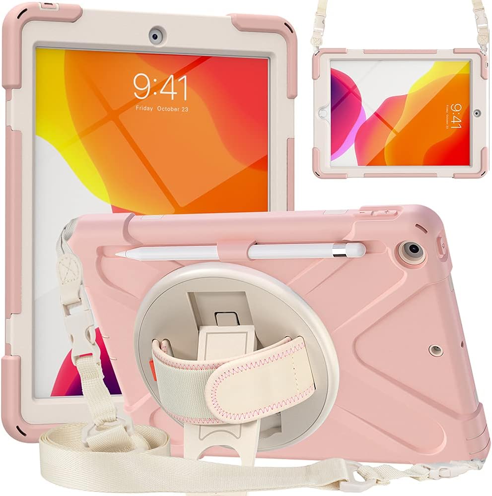 ZenRich Shockproof Case for iPad 9th/8th/7th Generation 10.2 inch 2021/2020/2019, Heavy Duty Rugged Case with Pencil Holder/360° Rotating Kickstand/Handle/Carrying Strap, SakuraPink