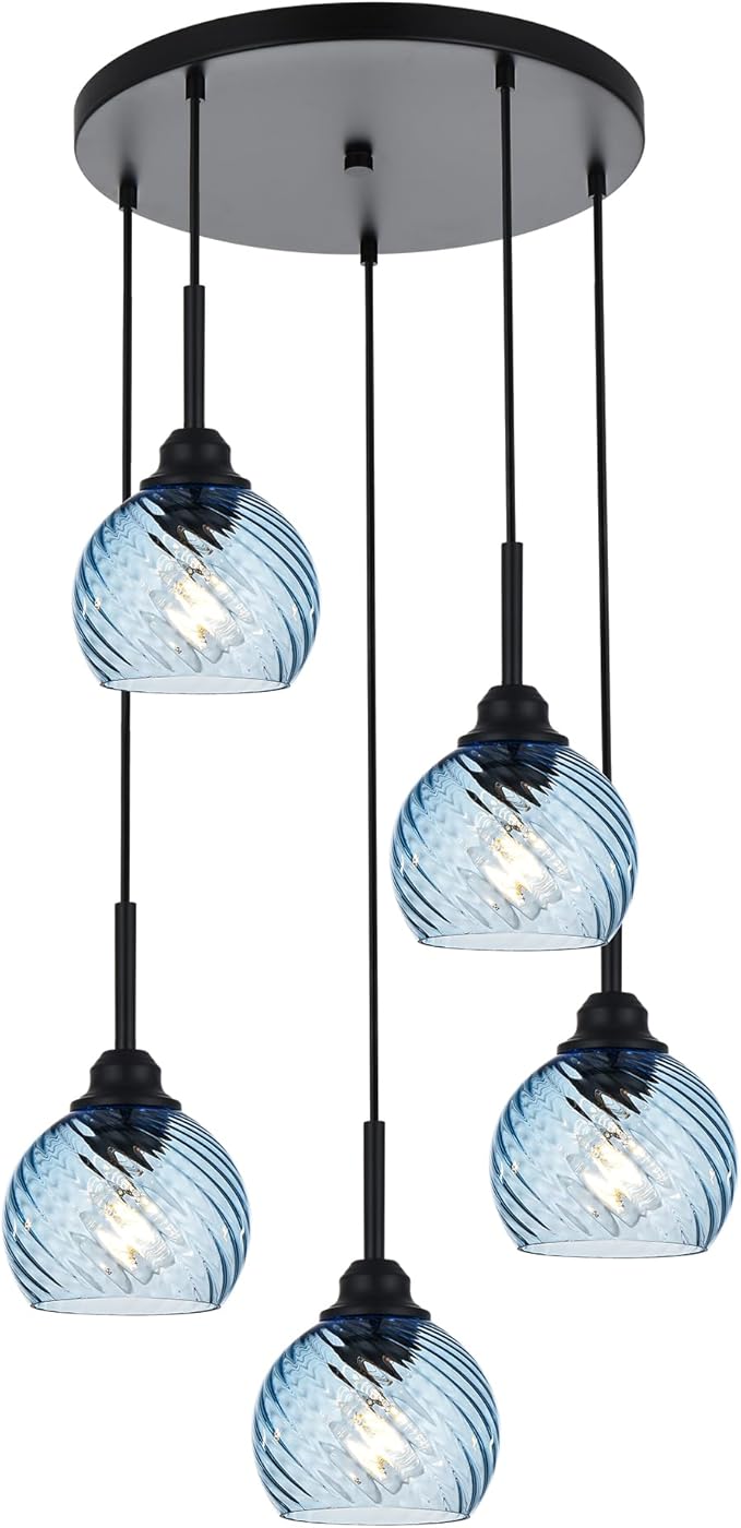 5 Light Cluster Pendant Lighting with Striped Swirl Globe Glass Blue Pendant Light for Kitchen Island, Modern Dining Room Light Fixtures Over Table Hanging Ceiling Light, E26 Base