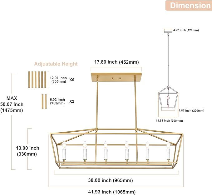 6-Light Gold Large Classic Chandelier Kitchen Island Lighting Over Table, Adjustable Height Pendant Light Fixture, E12 Bulb Base