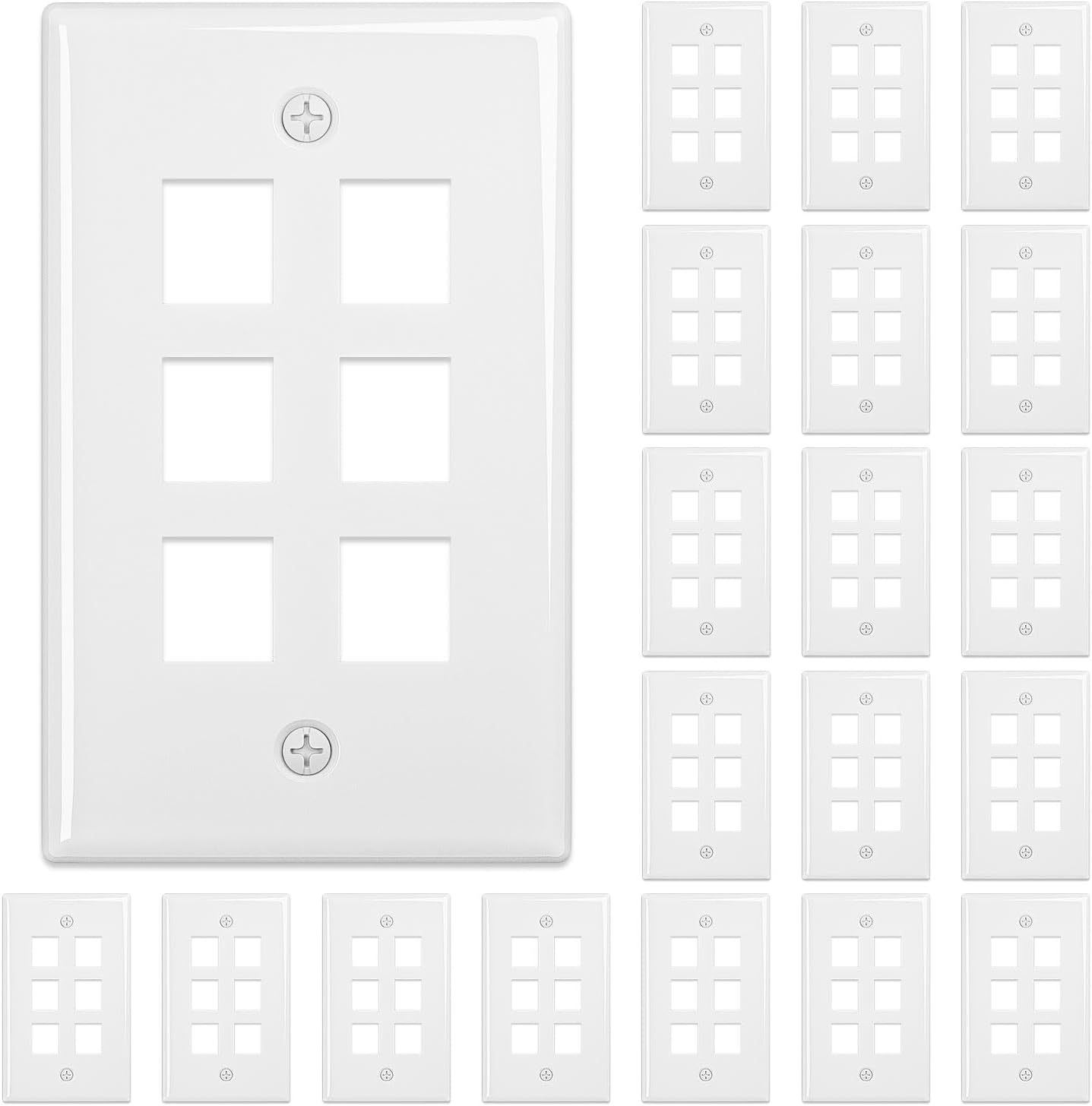 FGB 6-Port Keystone Wall Plate 20-Pack, Low-Profile Single Gang Wall Plates for RJ45, HDMI, and Coax Keystone Inserts, White