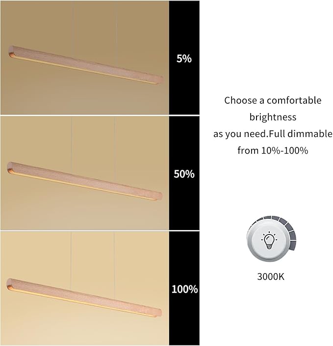 47inch Wood LED Linear Pendant Light, Dimmable Wood Ceiling Lamp,Minimalist Linear Chandelier, 36W Warm Light 3000K, Modern Kitchen Island Dining Room Lighting Natural Adjustable Height