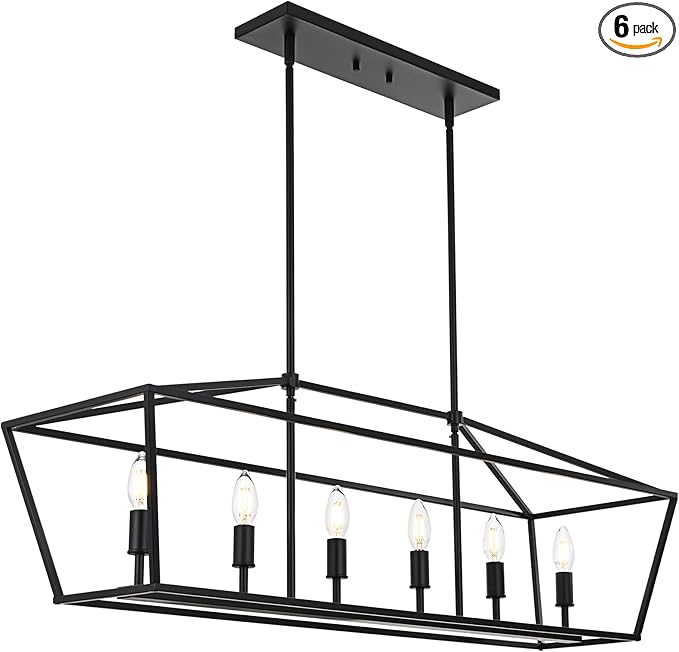 6-Lights Kitchen Island Pendant Lighting in Black Finish, 42-Inches Width Farmhouse Light Fixtures Ceiling Hanging for Dining Room Pool Table