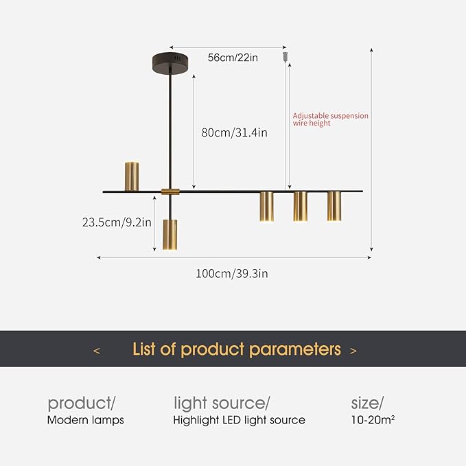 Siittoo Pendant Light Fixtures, Dimmable Modern LED Chandelier Lighting with Spotlights, Adjustable Linear Hanging Pendant Light for Kitchen Island Dining Room Living Room (Black,Gold 30W)
