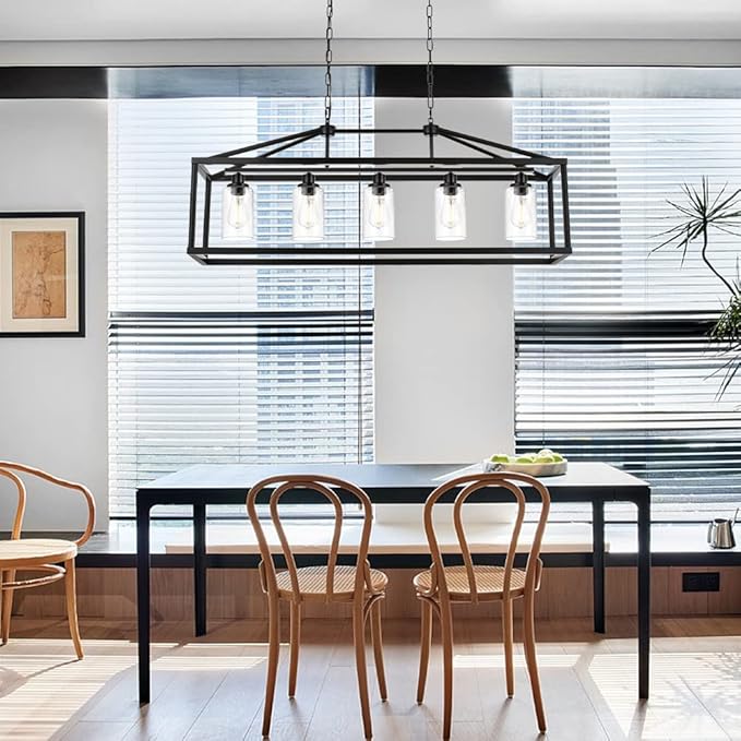 BONLICHT 5 Light Farmhouse Chandelier Ceiling Hanging Dining Room Lighting Fixtures Matte Black Modern Pendant Lighting Industrial Rectangular Kitchen Island Chandelier Fixture with Seeded Glass Shade