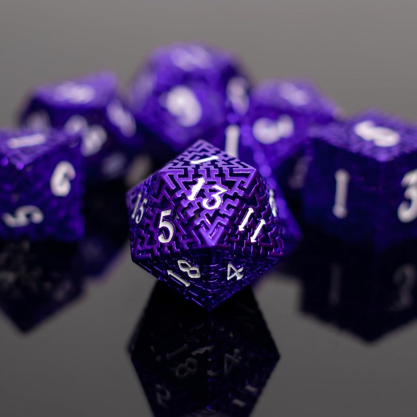 Purple Metal Hollow DND Dice Set (Warlock) Metallic Luster Maze Design with Storage Box - Balanced Weight 7 Piece Zinc Alloy, Designed for Dungeons and Dragons DM Player RPG Accessories