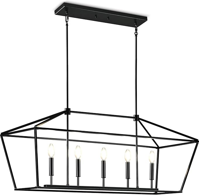 MantoLite Farmhouse Chandelier 5-Lights Black Kitchen Island Dinning Light Fixtures Industrial Height Adjustable Hanging Pendant Lighting Metal E12 Rustic Chandeliers for Dinning Room（No Bulbs）