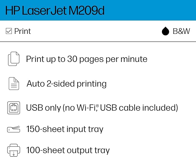 HP LaserJet M209d Laser Printer, Black and White, Automatic Duplex, USB Connection Only (Cable Included), Best for Home Office (8J9L0F)