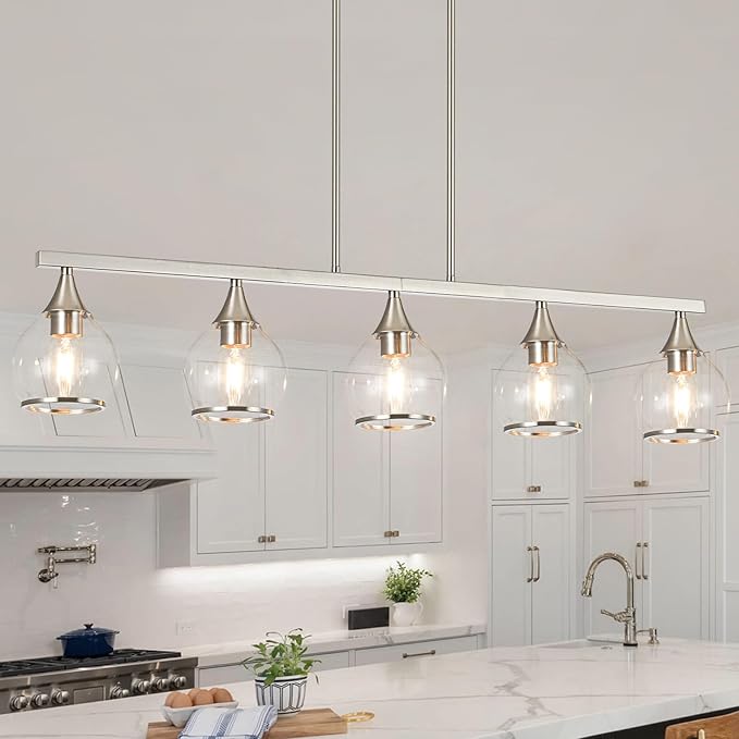 Island Light for Kitchen, 5-Light Brushed Nickel Kitchen Island Linear Hanging Pendant Chandeliers, Brushed Nickel Dining Room Light Fixture Over Table with Clear Round Glass Shades