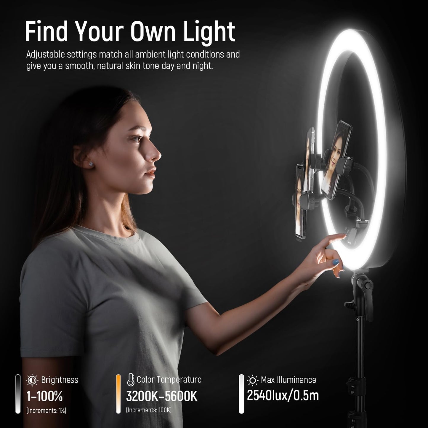 NEEWER 19 inch Ring Light with Stand, 3 Phone Holders and Mini Ball Head, Upgraded 2.4G & Touch Control, Smooth Dimming at 1%, 3200K-5600K for Selfie TikTok Live Streaming Video Recording Zoom, RP19H