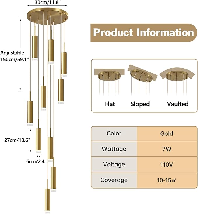KCO Lighting Brushed Brass Mid Century Pendant Light Gold Kitchen Lights Ceiling Hanging Modern Farmhouse Pendant Lighting Large Entryway Hanging Light Fixture