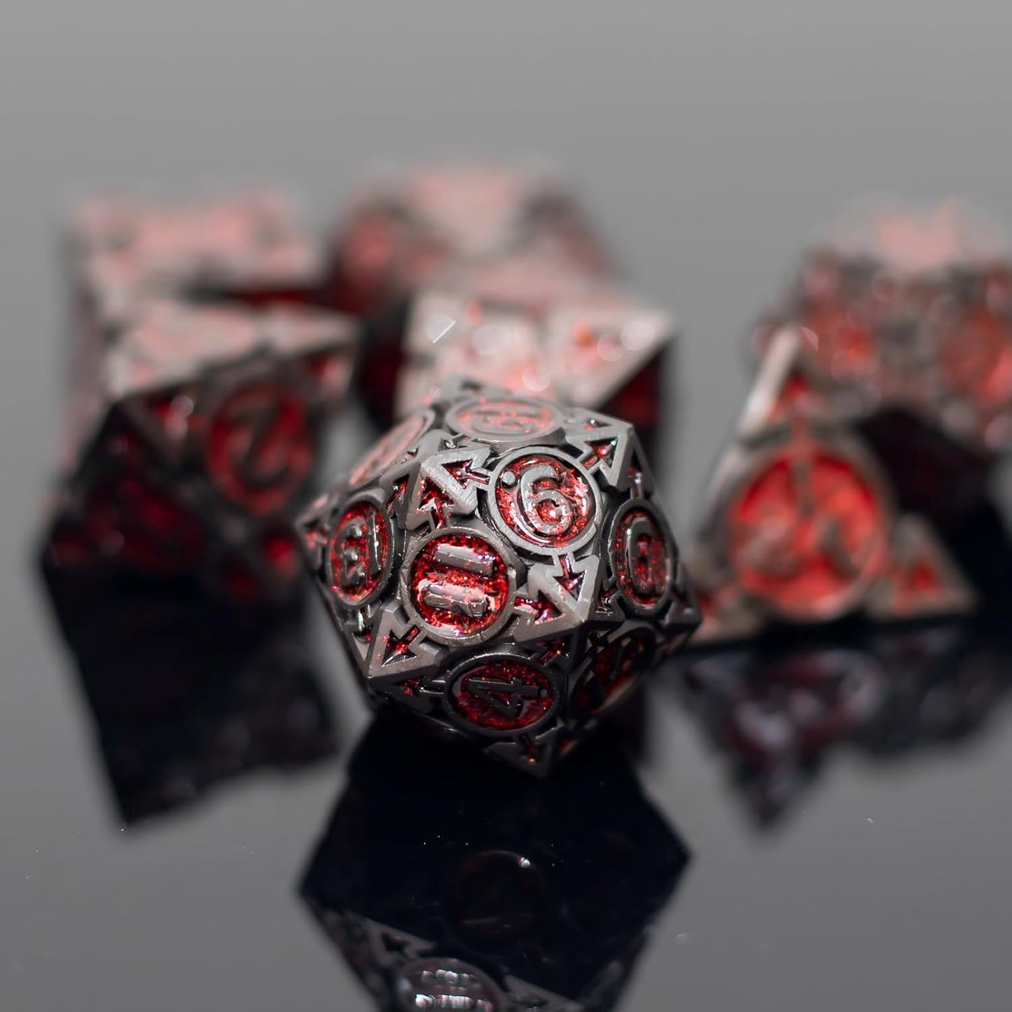 Red Black Nickel Finish Heavy Metal DND Dice Set (Barbarian) with A Metal Box, Sharp Edge Zinc Alloy D&D Accessories, D4-D20, Designed for Dungeons & Dragons Master, RPG Player, Starter