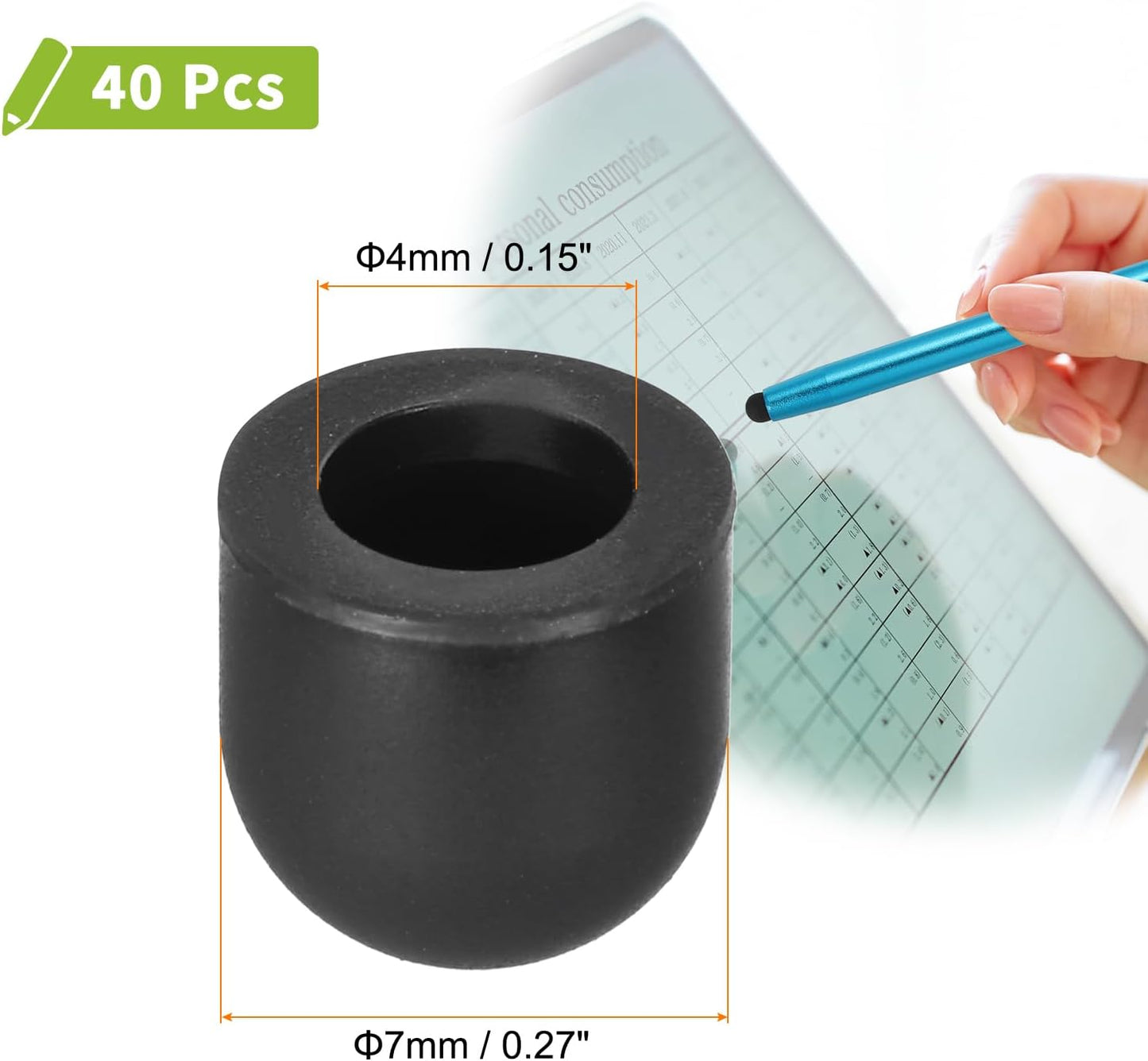 MECCANIXITY 40Pcs Replacement Stylus Pen Tips 7mm Conductive Capacitive Touch Screen Pens Tips Silicone Rubber, Black