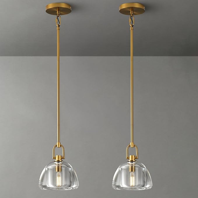 Pendant Light Fixture, 7" Glass Modern Brass Pendant Lights Kitchen Island, Hanging Glass Dome Pendant, Gold Kitchen Pendant Lighting Over Island,E12 Bulb Included, 2PCS