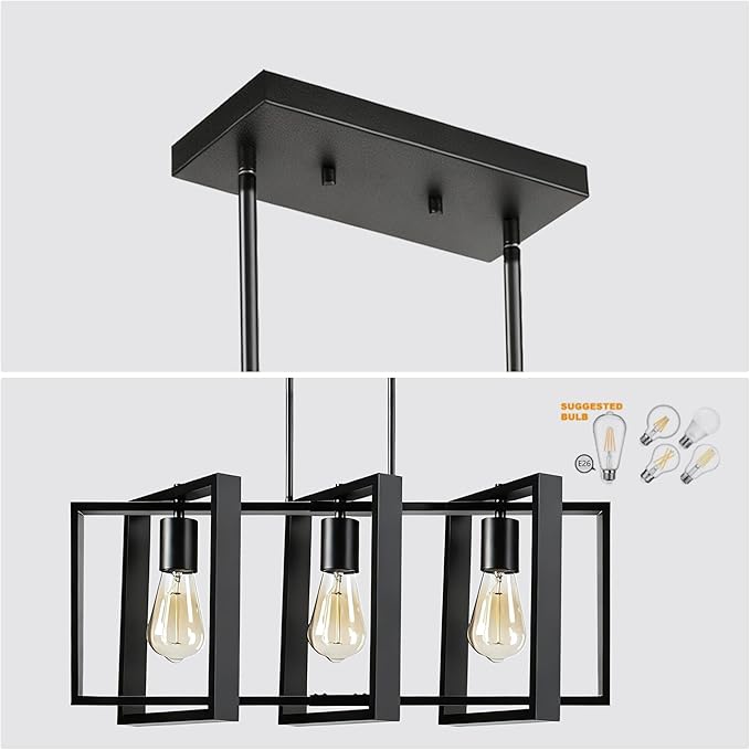 3-Light Island Lights for Kitchen, Rectangular Black Metal Kitchen Island Chandelier 23.6" Adjustable Rustic Modern Dining Room Light Fixtures Over Table, Chandeliers for Dining Room