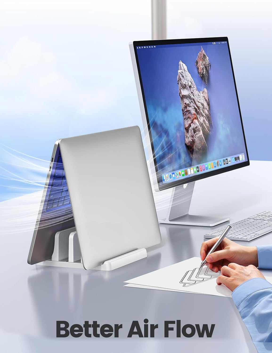 Vaydeer Vertical Laptop Stand for Desk, Dual Slots Plastic Laptop Holder with Space Saving 4-in-1 Design, Adjustable Laptop Stand Supports MacBook, Chromebook, Surface, Dell (White)